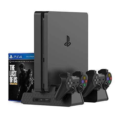 New World PS4 Slim PS4 Pro Multifunction Console Vertical Stand with Cooling Fan and Charging Dock and Disc Stand
