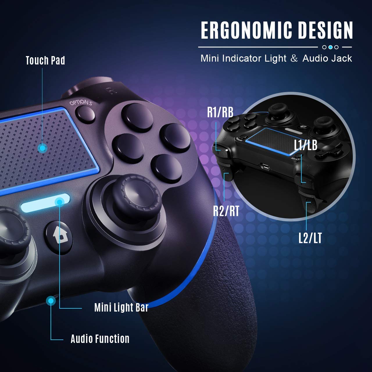 Mini LED Indicator ORDA Controller Wireless Gamepad Compatible with PS4/Pro/PC with Motion Motors and Audio Function Red USB Cable and Anti-Slip 【Upgraded Version】 