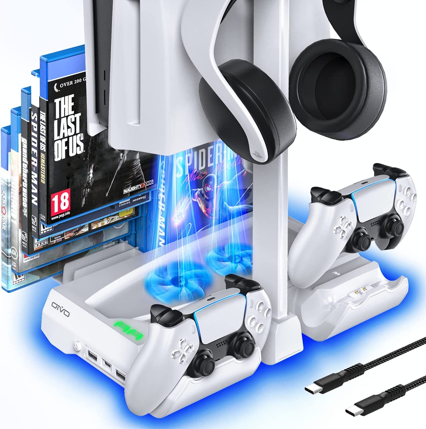 New World PS5 Fan with PS5 Charging Station, PS5 Cooling Stand with PS5 Controller Charging Station, PS5 Stand with Headset Holder and 12 Game Holders for Playstation 5 Console and PS5 Accessories