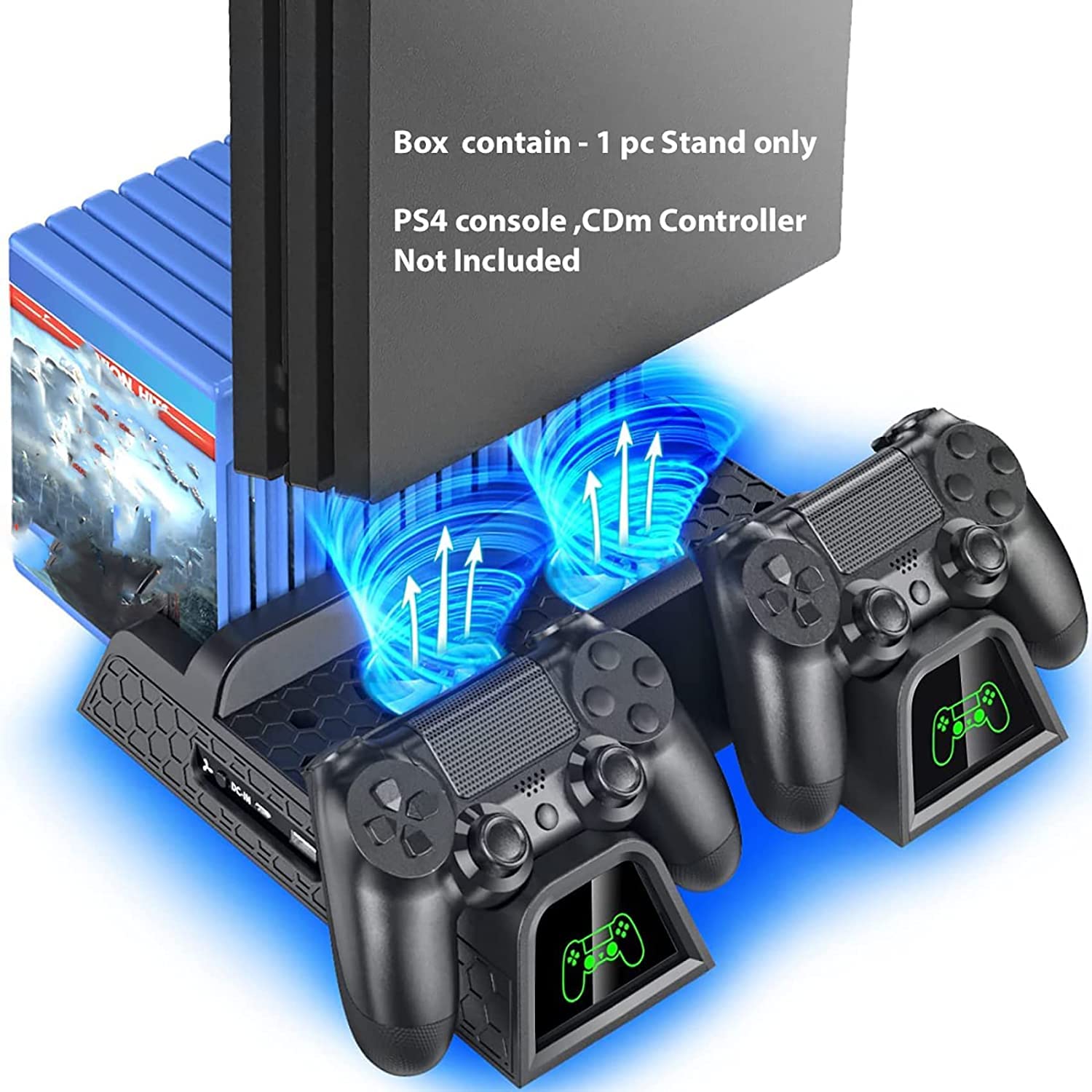 New World For PS4/PS4 Slim/PS4 Pro Multifunctional Vertical Stand Cooling Fan Stand, Playstation 4 Controller Charger with LED Indicators, Charging Dock Station with 12PCS Games Storage.