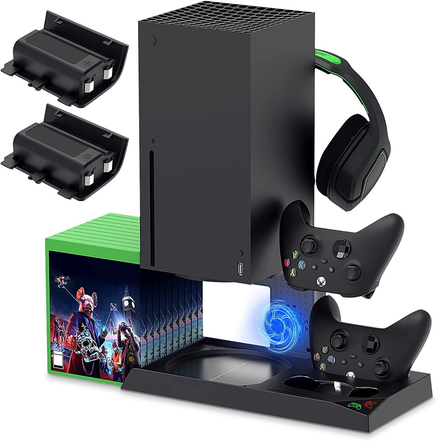 New World For Xbox series X cooling stand ,for xbox series X controller charging stand with 1400mAh Rechargeable Battery Pack with 10 Game Storage Organizer & Headphone Holder