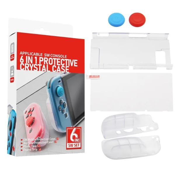 New World 6 in 1 Protective Crystal case for Nintendo Switch Console Crystal Cover Crystal Clear Case Plastic Hard Shell for Nintendo Switch Console with JoyCon Grips Game Accessories