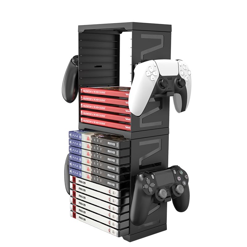 HONCAM Video Game Storage Tower for PS5 PS4 Xbox Nintendo Switch Games, Universal Video Games Discs Organizers 24 PCS with 4 Controllers Holder, Game Disk Box Stand Rack Accessories