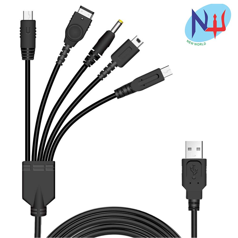 New World 5 in 1 USB Charger Cable Cord for Nintendo NDS Lite/Wii U/New 3DS(XL/LL),3DS(XL/LL),2DS,DSI(XL/LL),NDS/GBA SP(Gameboy Advance sp),PSP 1000 2000 3000