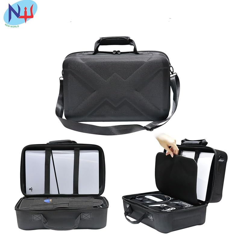 New World Storage Bag for PS5 Slim , Travel Bag for PS5 Slim , Carrying Case Briefcase Type Waterproof Shoulder Bag for PS5 Slim Disc and Digital Both Model with Both Side Storage Compartment-Black