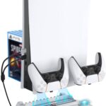 New world Cooling stand for PS5 Accessories Controller Charging Stand with Cooling fan stand Station for PS5 Playstation 5 Disc & Digital Editions, Dual Controllers Charger, Extra USB Ports, 3 Levels Adjustable Fans Speed, 11 Game Rack Organizer, White